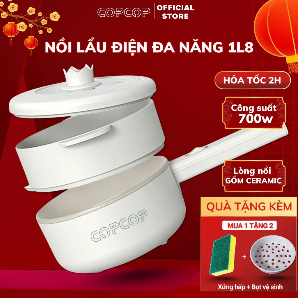 Nồi lẩu điện đa năng kèm khay hấp mini COPCOP dung tích 1.6L, chống dính, dễ dàng vệ sinh