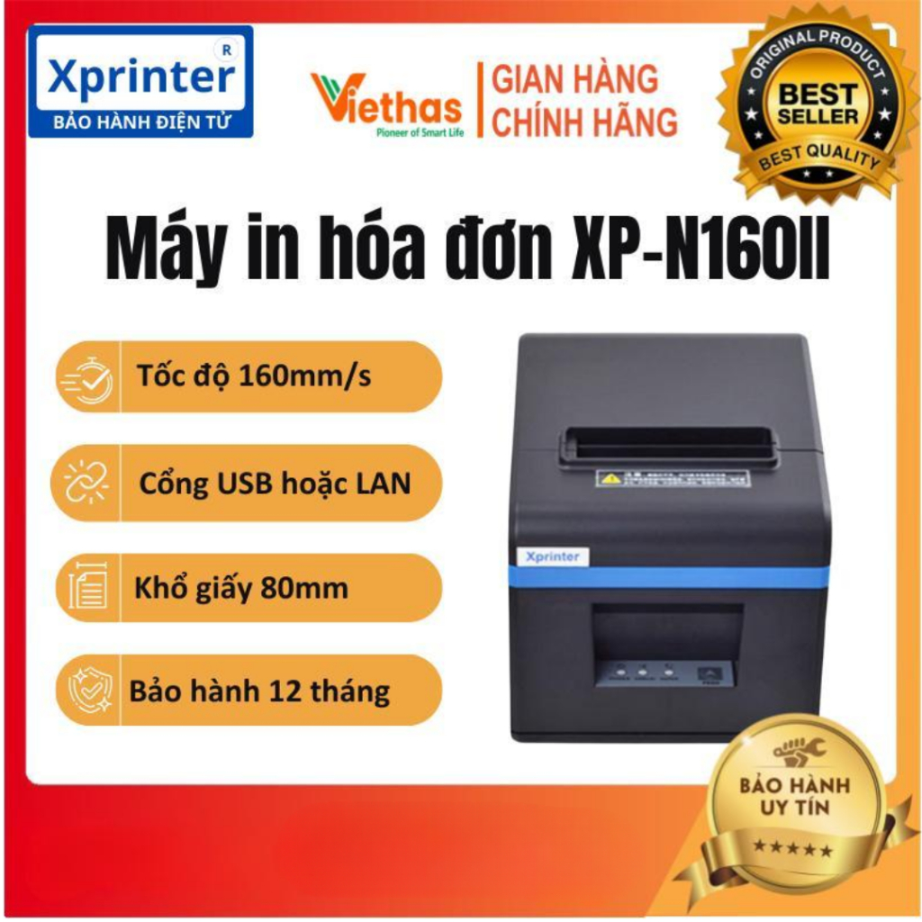 Máy In Bill K80 XPrinter XP-N160II | In Nhiệt 80mm | Cắt Giấy Tự Động | Kết Nối USB / LAN