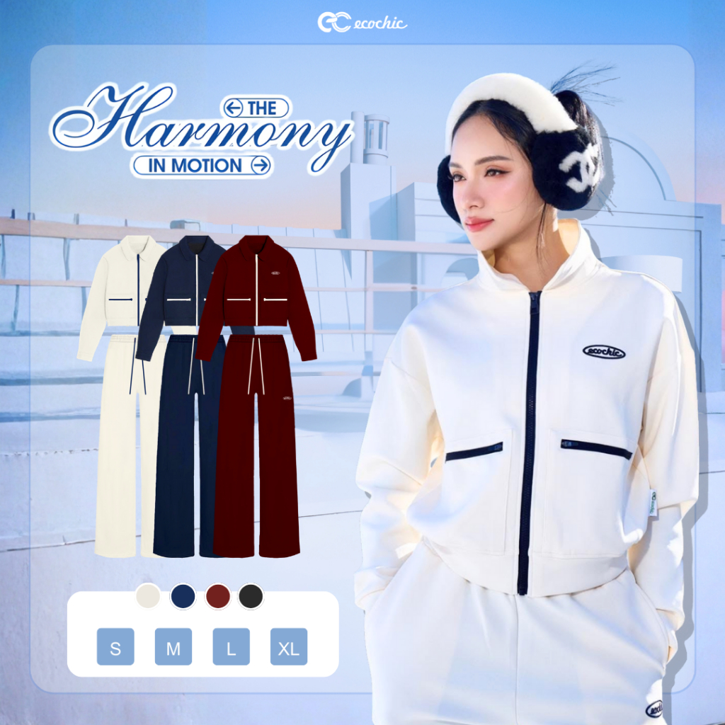 Set Bộ ECOCHIC Áo Cổ Polo Khoá Zip Quần Suông dài Basic Cao Cấp Mềm Mịn Chính Hãng HNH B206