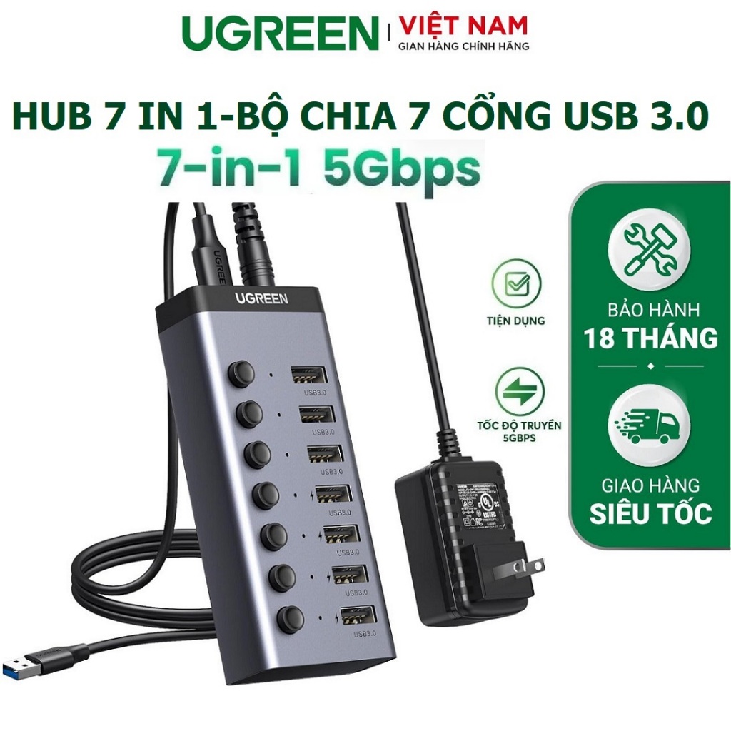 HUB Bộ chia 7 cổng USB 3.0 tốc độ 5Gbps vỏ Nhôm, Công Tắc tắt bật, (kèm nguồn 12V2A) chính hãng Ugre