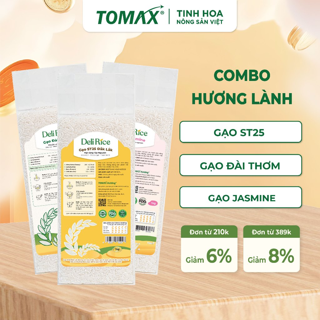 [TẾT 2026] Sung Túc (1kg ST25 + 1kg Jasmine + 1kg Đài Thơm Deli Rice) Gạo Ngon Dẻo, Thơm Nhẹ - TOMAX