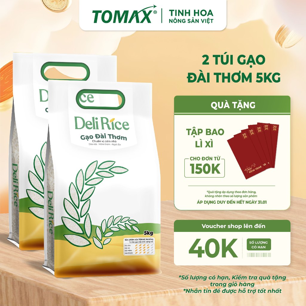 [TẾT 2026] Combo 2 Túi Gạo Đài Thơm Deli Rice 5kg Dẻo Mềm, Thơm Ngon Tự Nhiên – TOMAX (Tặng Tập Bao 