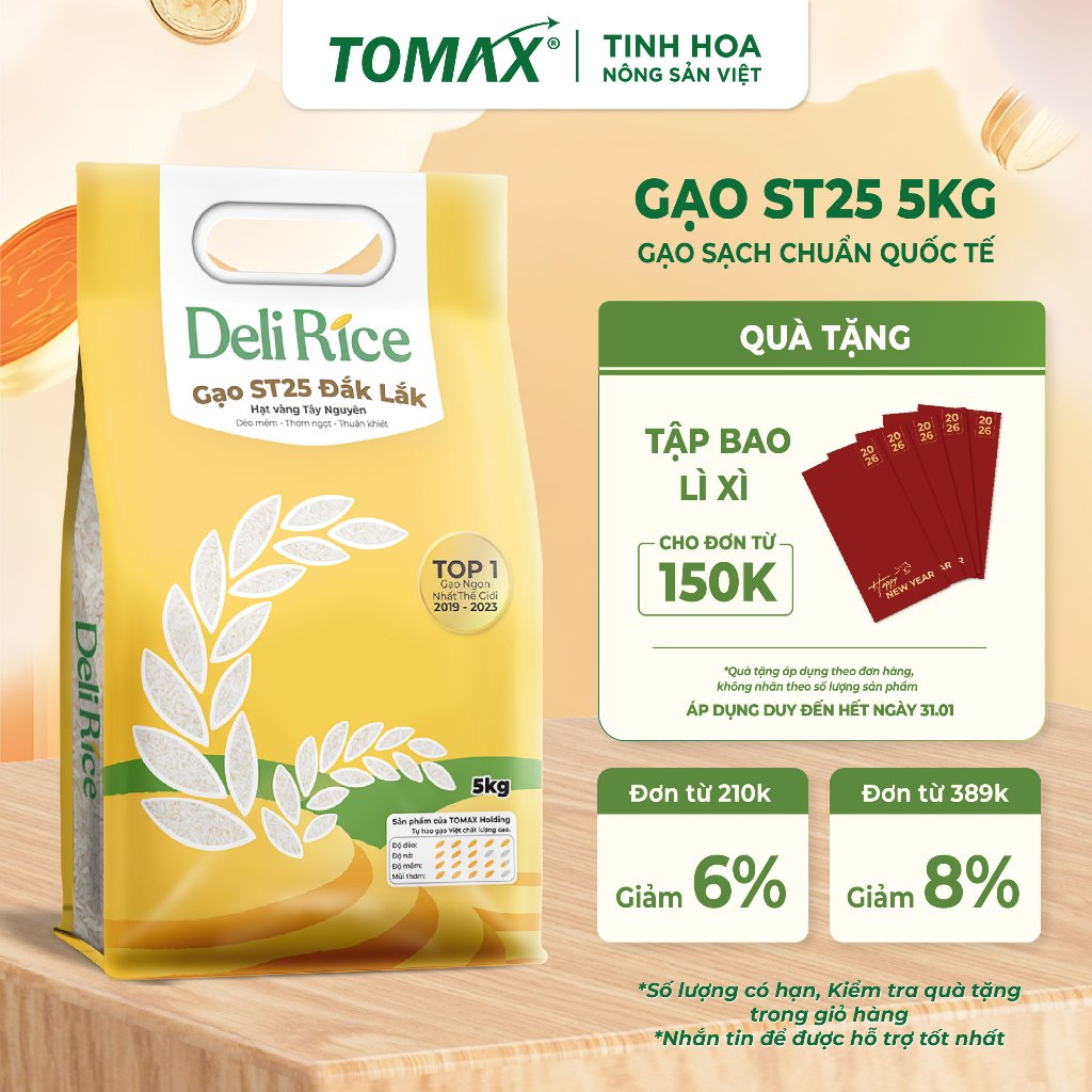 Gạo ST25 Deli Rice Túi 1kg & 5kg Thượng Hạng, Dẻo Thơm Tự Nhiên, Vị Ngon Hòa Quyện - TOMAX