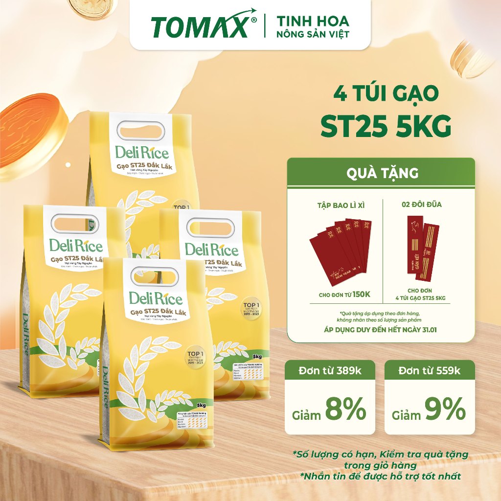 [TẾT 2026] Combo 4 Túi Gạo ST25 Deli Rice 5kg Thượng Hạng, Dẻo Thơm Tự Nhiên, Vị Ngon Hòa Quyện - TO