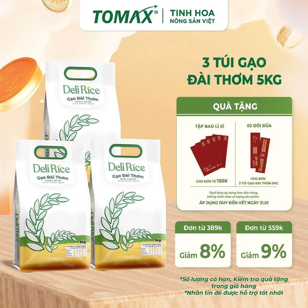 [TẾT 2026] Combo 3 Túi Gạo Đài Thơm Deli Rice 5kg Dẻo Mềm, Thơm Ngon Tự Nhiên – TOMAX (Tặng Tập Bao 