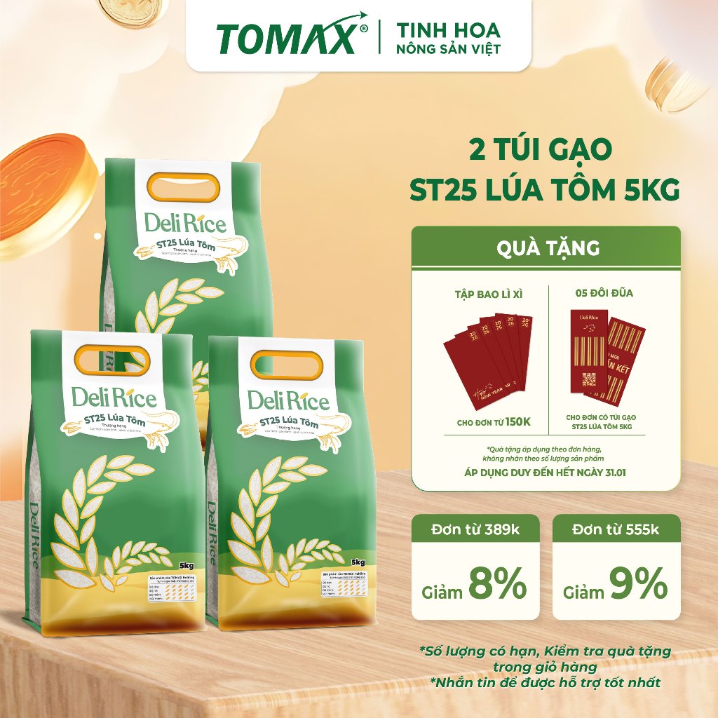 [TẾT 2026] Combo 3 Túi Gạo Lúa Tôm Hữu Cơ Deli Rice 5kg Cơm Dẻo Ngon, Thơm Ngọt Tự Nhiên, Đậm Vị Dễ 