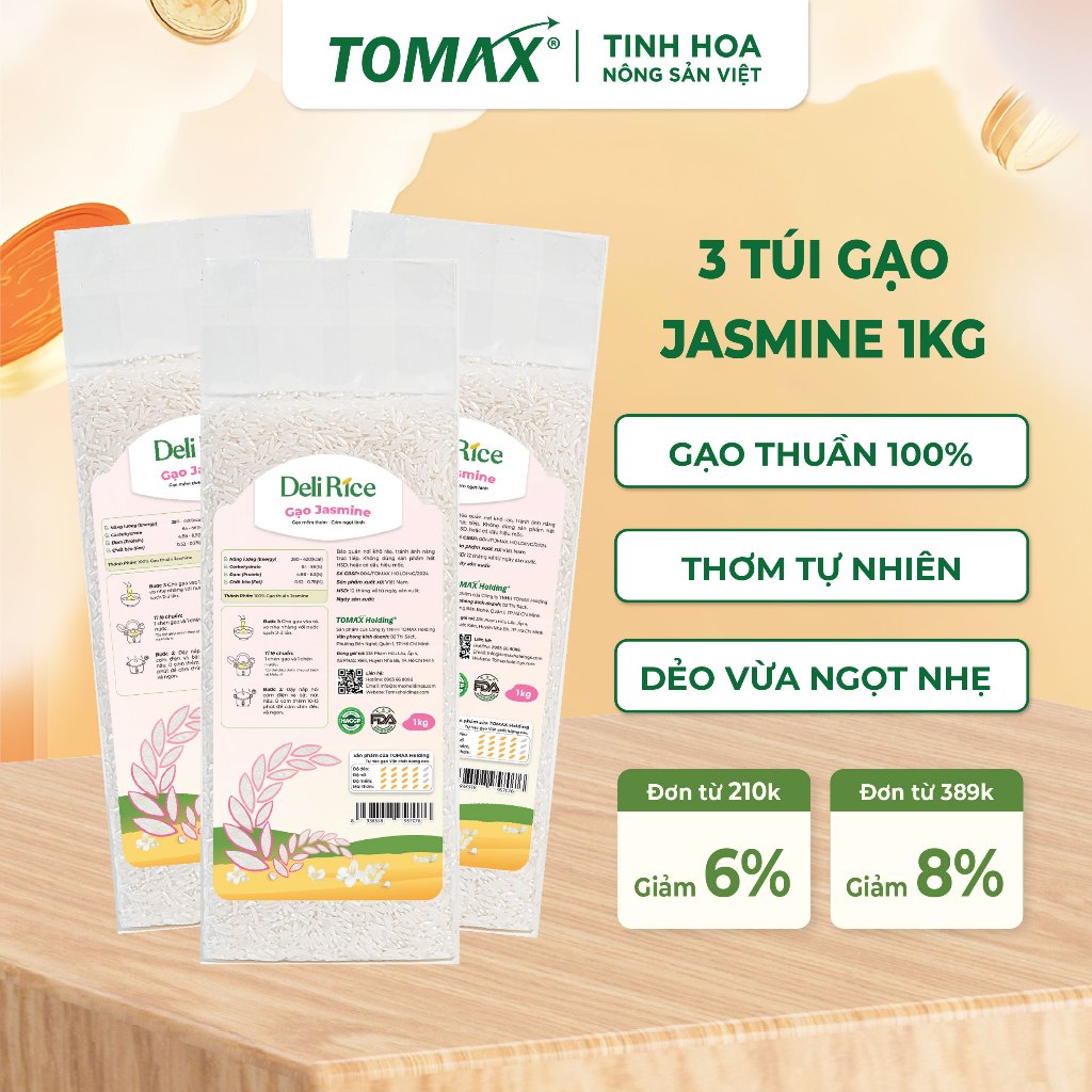 [TẾT 2026] [ĐÃ VỀ HÀNG] Combo 3 túi Gạo Deli Rice Jasmine thơm dẻo mềm 1kg Tomax (Tặng Tập Bao Lì Xì