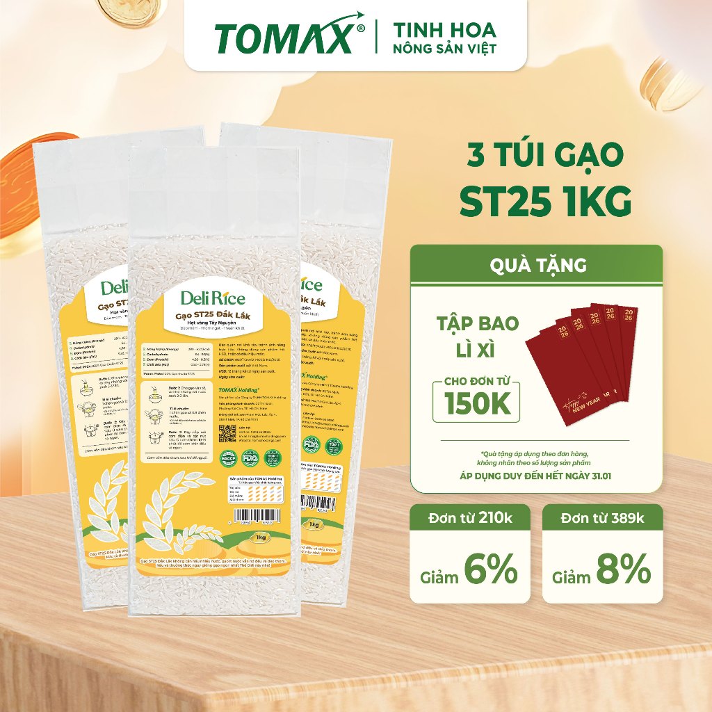 [TẾT 2026] Combo 3 Túi Gạo ST25 Deli Rice 1kg Thượng Hạng, Dẻo Thơm Tự Nhiên, Vị Ngon Hòa Quyện - TO