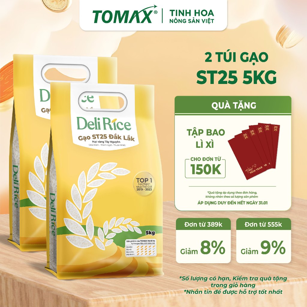 [TẾT 2026] Combo 2 Túi Gạo ST25 Deli Rice 5kg Thượng Hạng, Dẻo Thơm Tự Nhiên, Vị Ngon Hòa Quyện - TO
