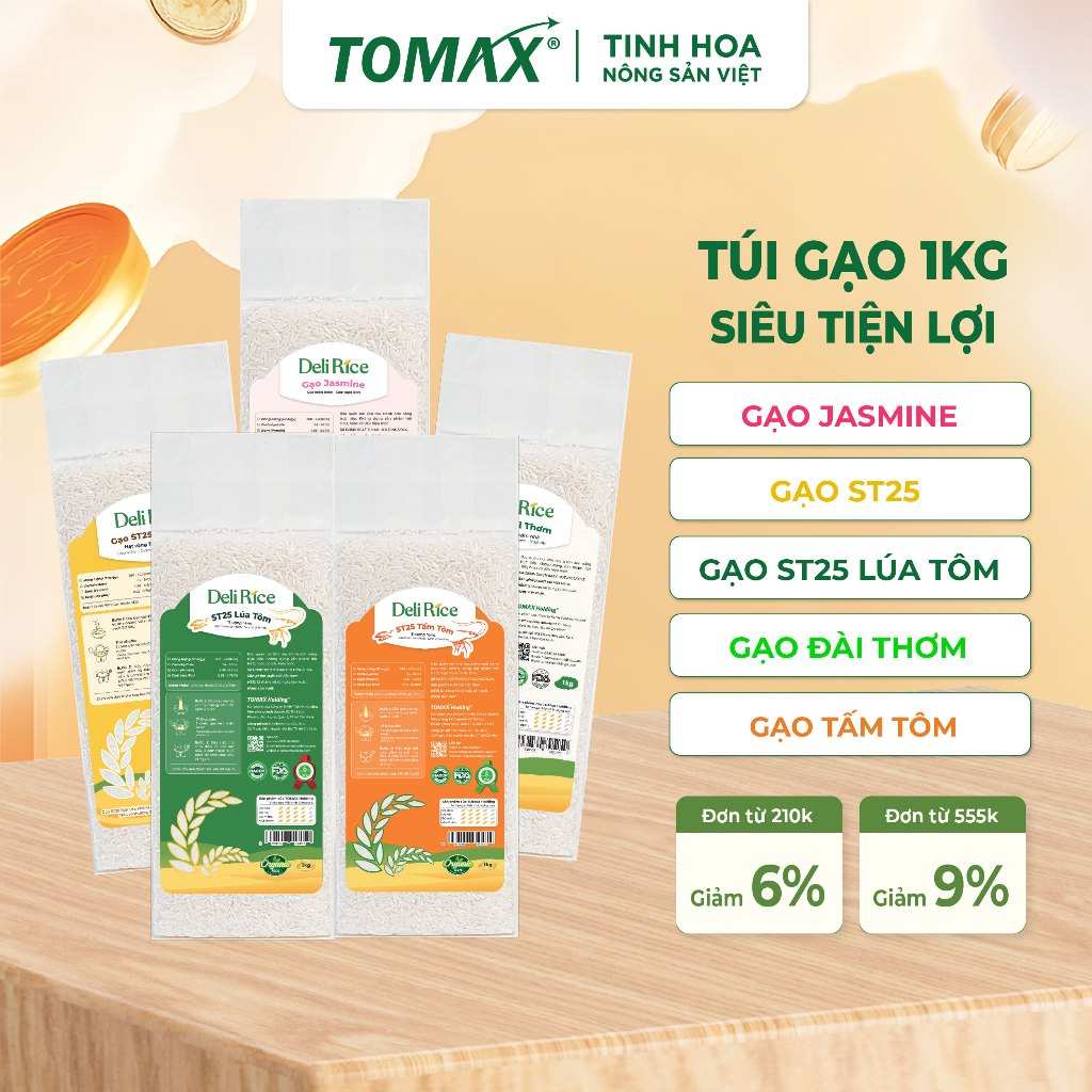 [TẾT 2026] Gạo Deli Rice Túi 1kg Thơm Ngọt Tự Nhiên, Dẻo Vừa Ráo Cơm - TOMAX (Tặng Tập Bao Lì Xì)