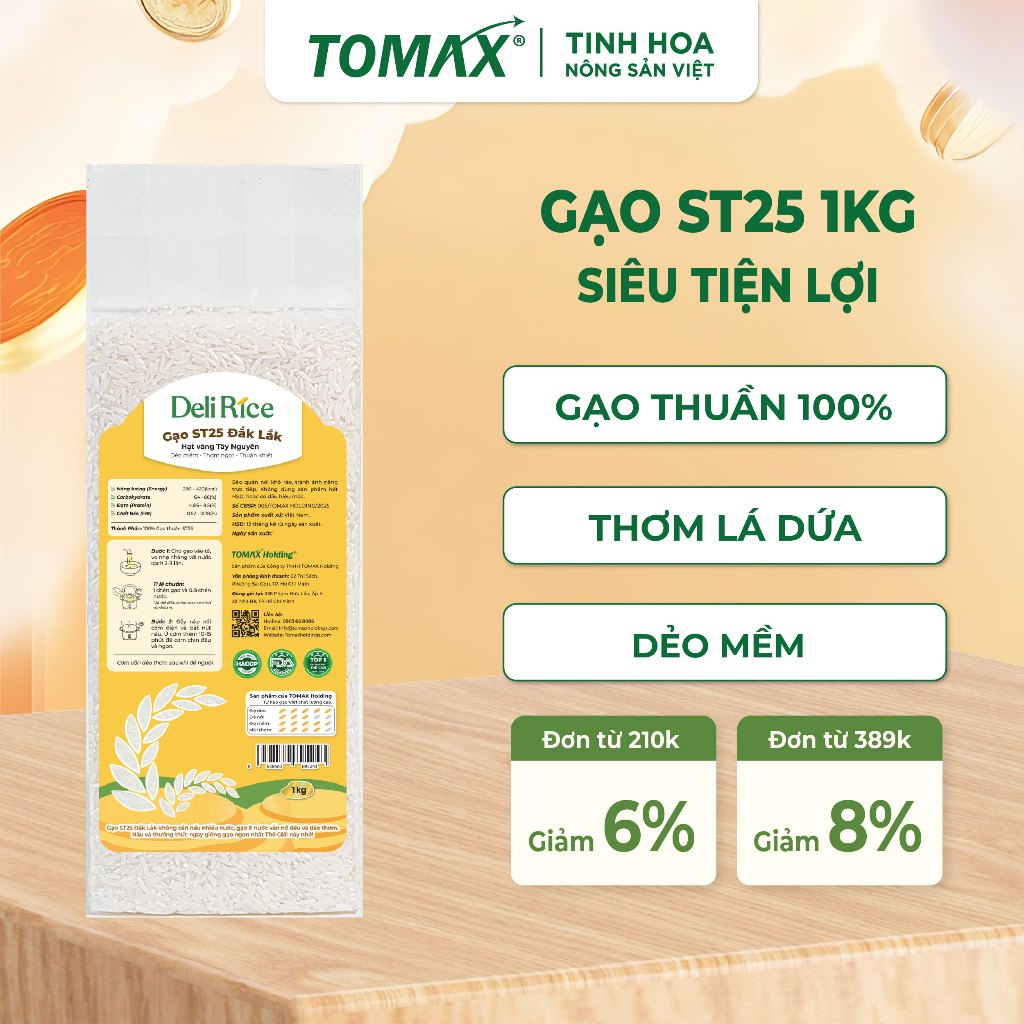 [TẾT 2026] Gạo ST25 Deli Rice 1kg Dẻo Thơm Tự Nhiên, Vị Ngon Hòa Quyện - TOMAX (Tặng Tập Bao Lì Xì)