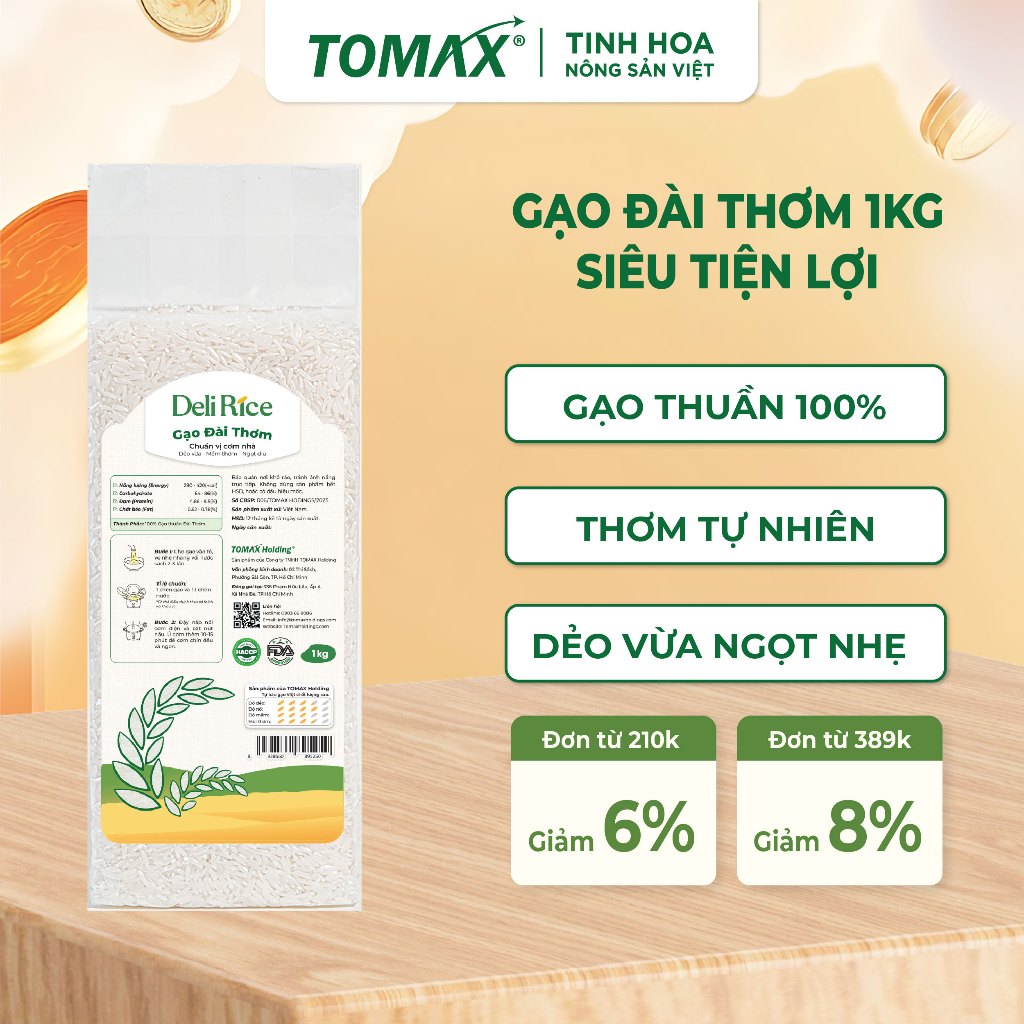 [TẾT 2026] Gạo Đài Thơm Deli Rice 1kg Dẻo Mềm, Thơm Ngon Tự Nhiên – TOMAX (Tặng Tập Bao Lì Xì)