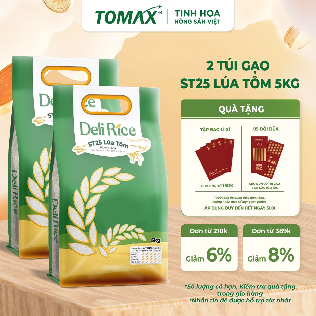 [TẾT 2026] Combo 2 Túi Gạo Lúa Tôm Hữu Cơ Deli Rice 5kg Cơm Dẻo Ngon, Thơm Ngọt Tự Nhiên, Đậm Vị Dễ 