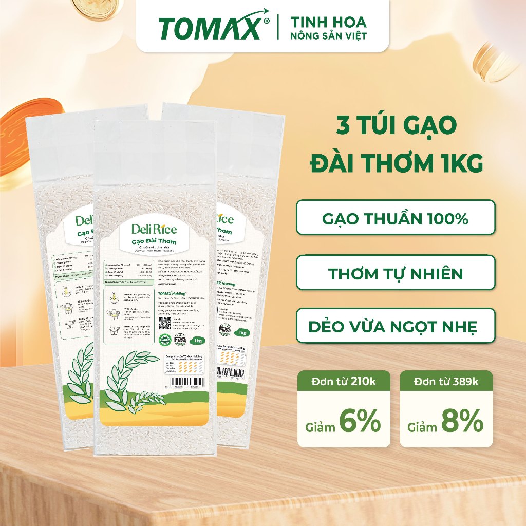 [TẾT 2026] Combo 3 Túi Gạo Đài Thơm Deli Rice 1kg Dẻo Mềm, Thơm Ngon Tự Nhiên – TOMAX (Tặng Tập Bao 