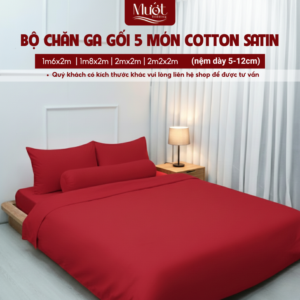 Bộ ga gối 5 món nệm kích thước 1m6x2m, 1m8x2m, 2mx2m, 2m2x2m (Dày 5-12cm) Cotton Satin Mướt Bedding 