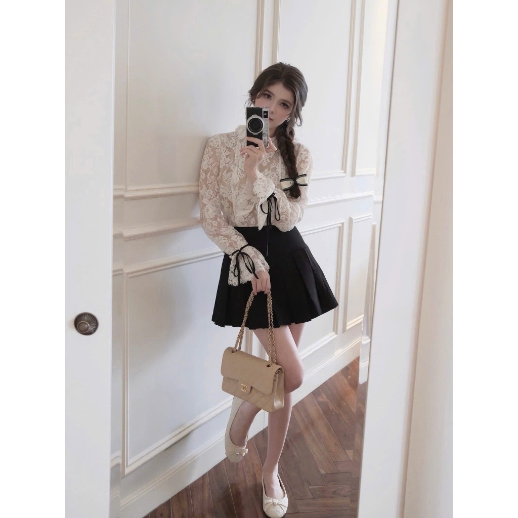 Áo sơ mi ren cổ bèo tiểu thư dài tay xếp ly thân áo 2 lớp lót lụa by Cimie Closet