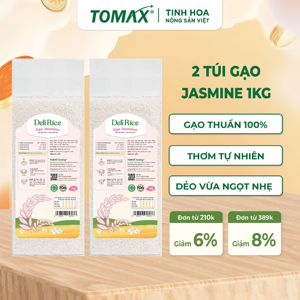 [TẾT 2026] [ĐÃ VỀ HÀNG] Combo 2 Túi Gạo Jasmine Deli Rice 1kg Dẻo Mềm, Tơi Xốp, Ngọt Thơm Tự Nhiên -