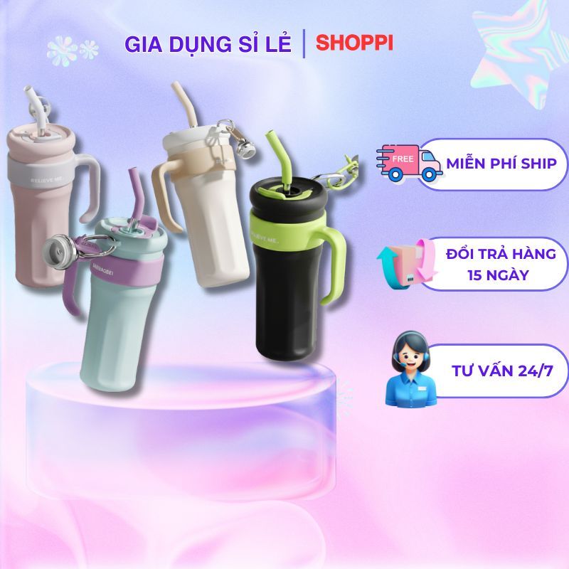 Ly Giữ Nhiệt Believe Me 1250ML Inox 316 Cao Cấp | Cốc Nước Cầm Tay Size Đại Có Ống Hút | Shoppi