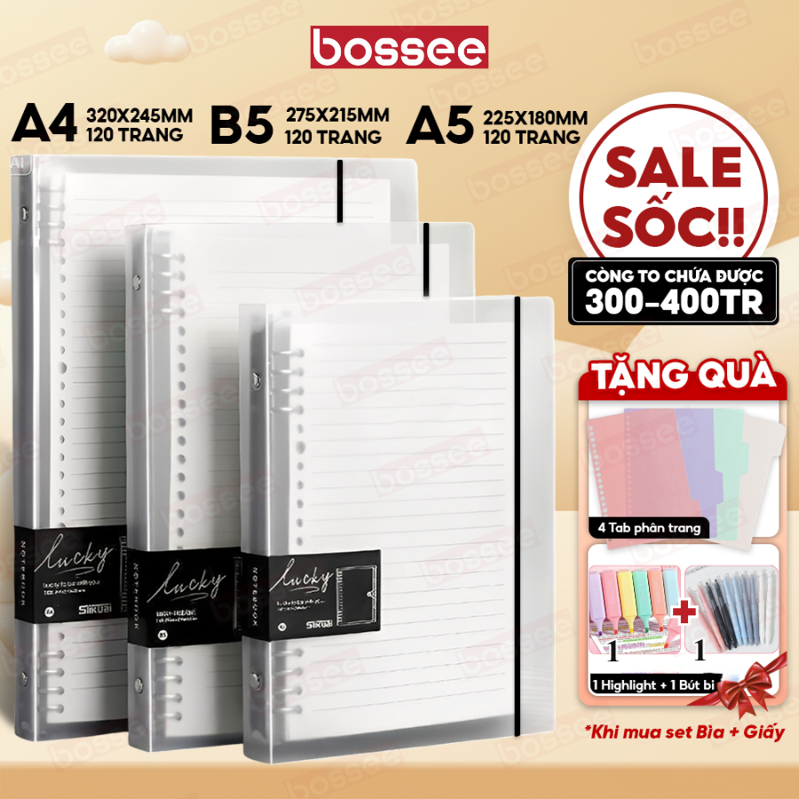 Sổ Còng Sắt Binder A5 B5 A4 Bossee 120 Trang Bìa Nhựa Cứng 3 Kích Cỡ Tùy Chọn Dễ Tháo Mở Thêm Giấy Chống Trầy Xước