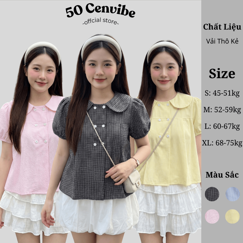 Áo Babydoll Nữ Kẻ Sọc Cổ Sen Tay Phồng, Bo chun, Có Bigsize 45-75kg, Phong Cách Korea ( 50 Cenvibe C