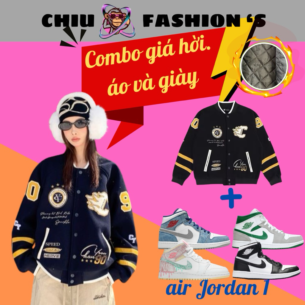 [ Combo Giá Hời ] Áo Khoác bomber varsity jacket chữ C chất dạ và giày sneaker Jordan 1 cổ cao áo kh