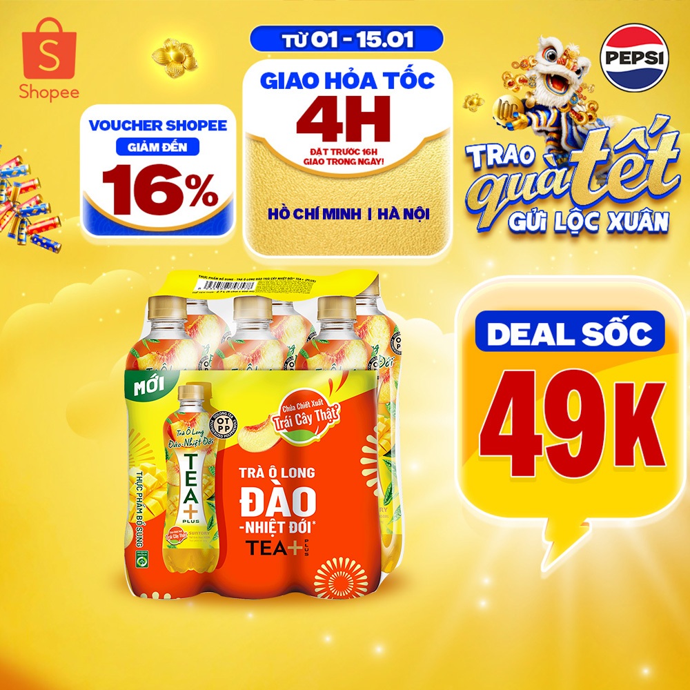 [SALE TẾT] Lốc 6 Chai Trà Ô Long Tea+ Đào Trái Cây Nhiệt Đới (450ml/chai)