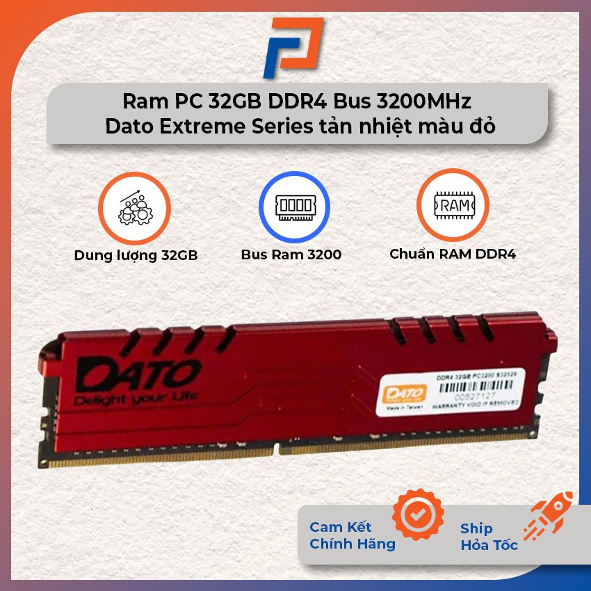 Ram PC Dato Extreme Series tản nhiệt màu đỏ dung lượng 32GB Bus 3200MHz chuẩn DDR4 - Bảo hành 36 thá