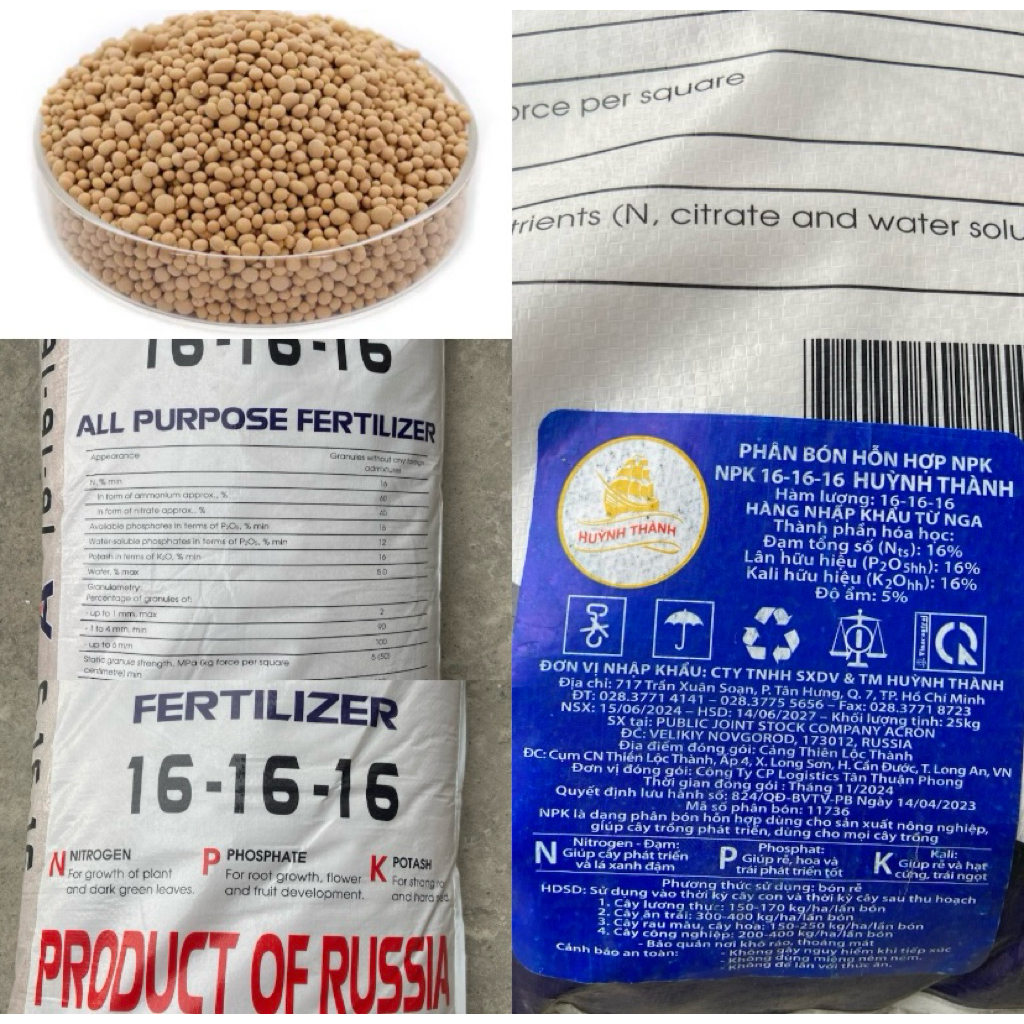 Phân Bón NPK 16-16-16+TE HUỲNH THÀNH THẤP CAO Bao 25 Kg