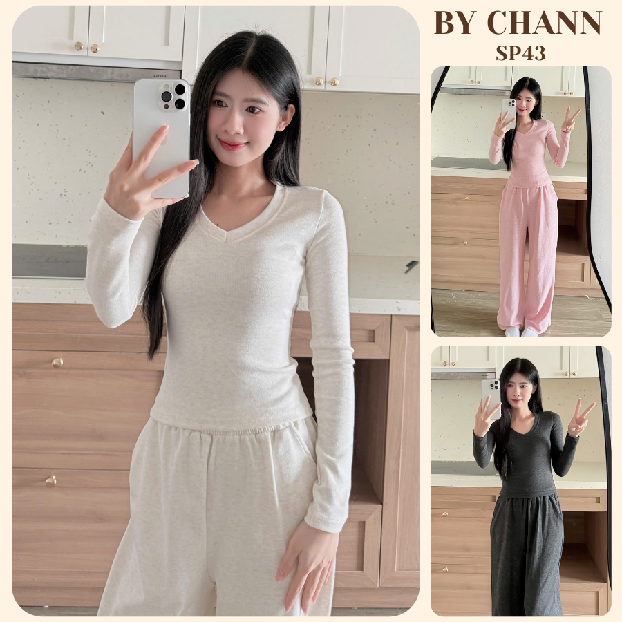 Bộ Đồ Giữ Nhiệt BY CHANN (SP43) mặc mùa THU ĐÔNG chất liệu lông thỏ áo cổ tim quần dài