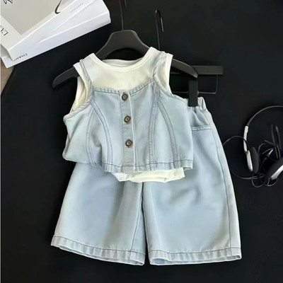 Set Áo Sát Nách Croptop Giả Yếm Denim Quần Ống Rộng Bé Gái 1-8 Tuổi MITNSCLOSET Quảng Châu - GA2555