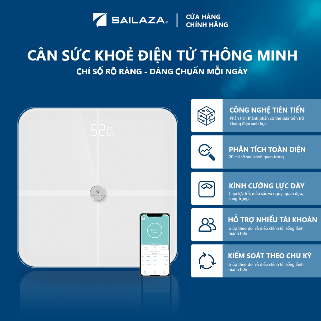 Cân sức khỏe, cân điện tử thông minh SAILAZA SA-1212, kết nối Bluetooth đo 20 dữ liệu