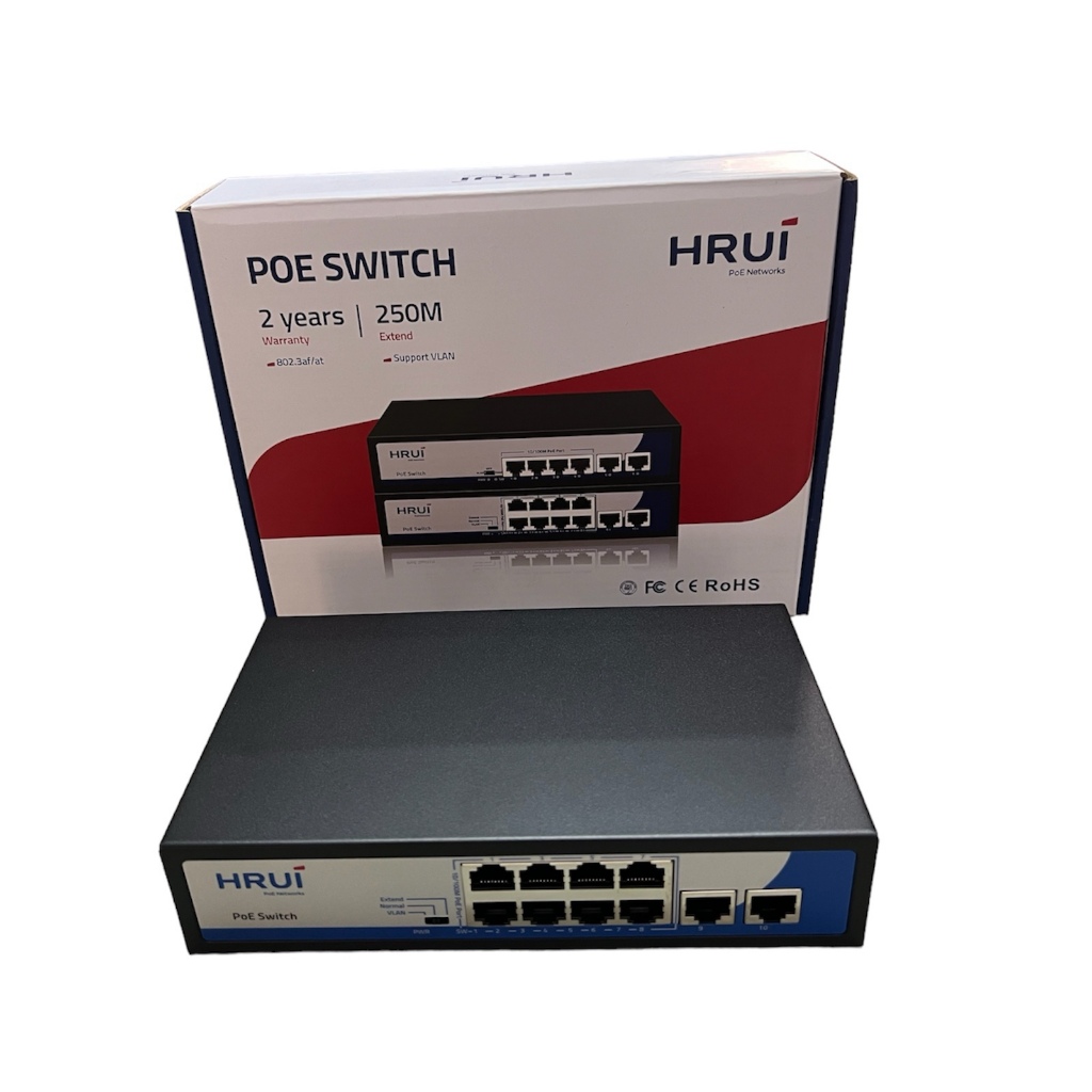 Switch PoE 8 Port HR902-AF-82N tốc độ 10/100M, 2 Uplink, công suất tổng 150W, Led hiển thị