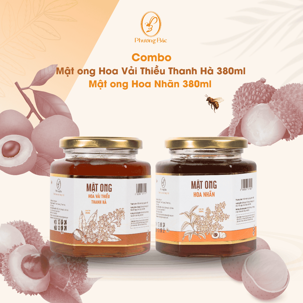 Combo: Mật ong Hoa Vải Thiều Thanh Hà 380ml & Mật ong Hoa Nhãn 380ml Phương Bắc