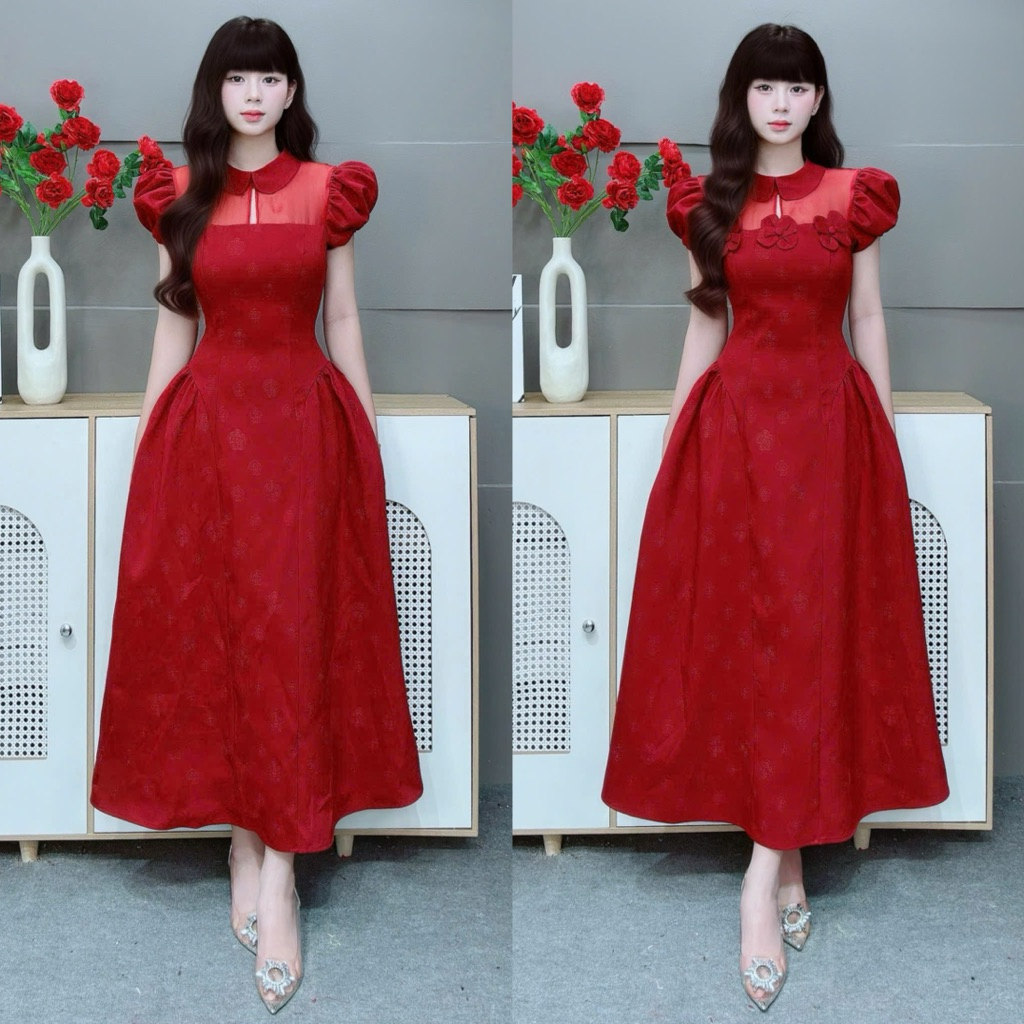 C107 Đầm dài cổ kín đính hoa nổi