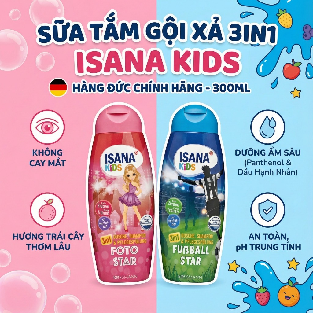 Sữa tắm gội và xả 3in1 ISANA Kids dành cho bé trai và bé gái (300ml - Đức)