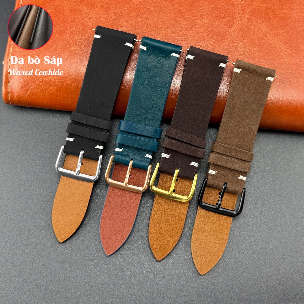 Dây đồng hồ da bò sáp handmade 100% BO-11 KHÓA CÀI size 16 18 20 22 24mm