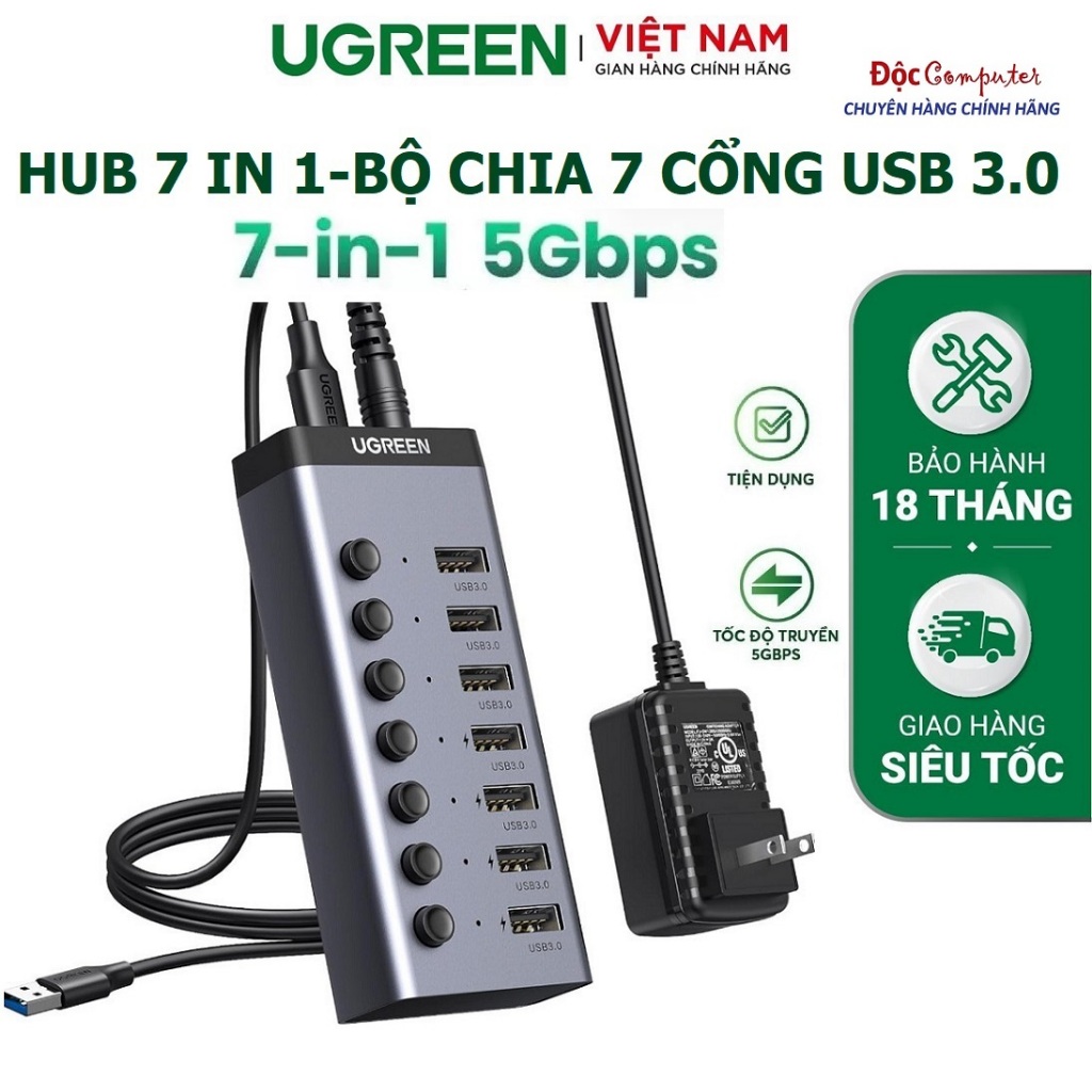 HUB Bộ chia 7 cổng USB 3.0 tốc độ 5Gbps vỏ Nhôm, Công Tắc tắt bật, chính hãng Ugreen 90305 (kèm nguồ