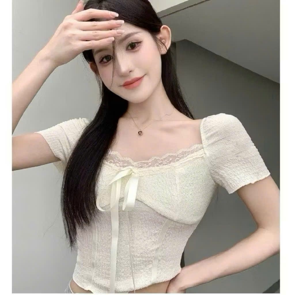 Áo thun nữ phối ren cổ cột nơ chất thun sóng co giản mạnh siêu xinh LOKAA H8888