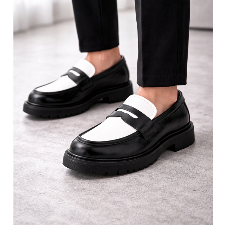 Giày Penny Loafer Nam Đế Cao Giày Lười Đốc Khâu Đế Phối Màu Đen Trắng Thời Trang