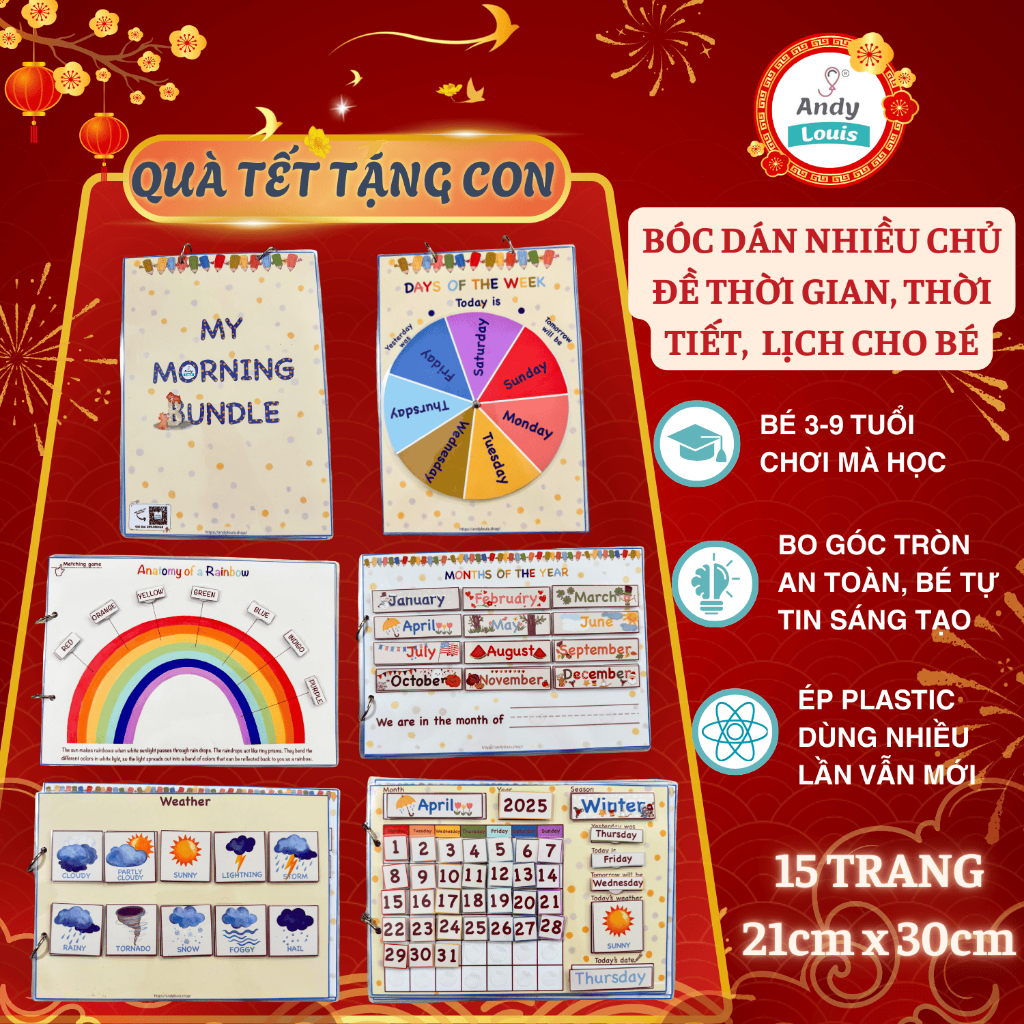 Học Liệu Tiếng Anh, Bóc Dán Thông Minh Cho Bé Chủ Đề Thời Gian Cuốn Lịch My Morning Bundle Andy Loui