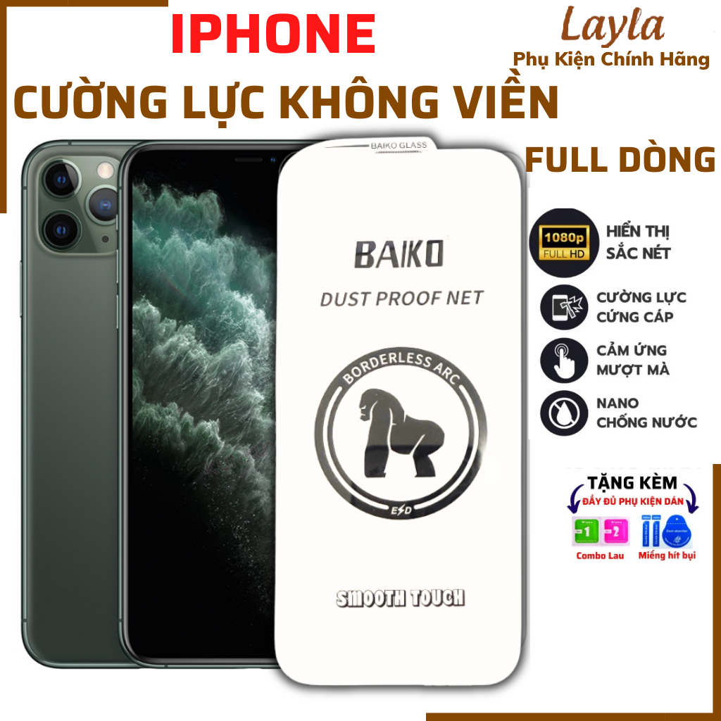 Kính Cường Lực Iphone Trong Suốt 11 12 13 Full màn 9H Full Keo Không Viền Chống trầy Baiko