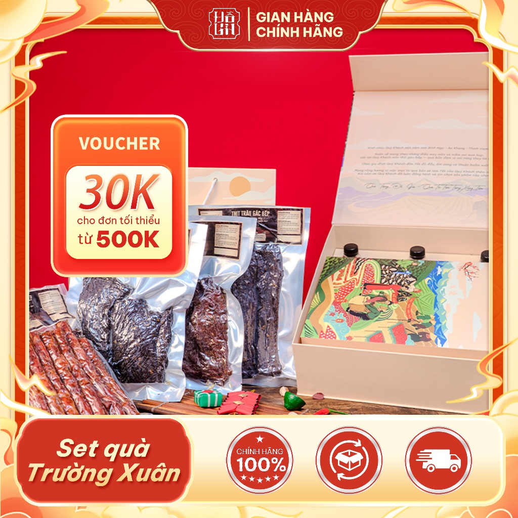 [Hộp Quà Tết “Trường Xuân”] 1kg Thịt Trâu Gác Bếp + 500g Thịt Lợn Gác Bếp + 500g Lạp Xưởng - Tặng Chẩm Chéo