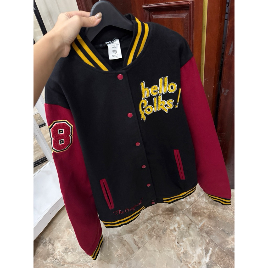 (XẢ KHO)Áo Bomber Dạ Nam Hello Folks Đen Tay Đỏ DN