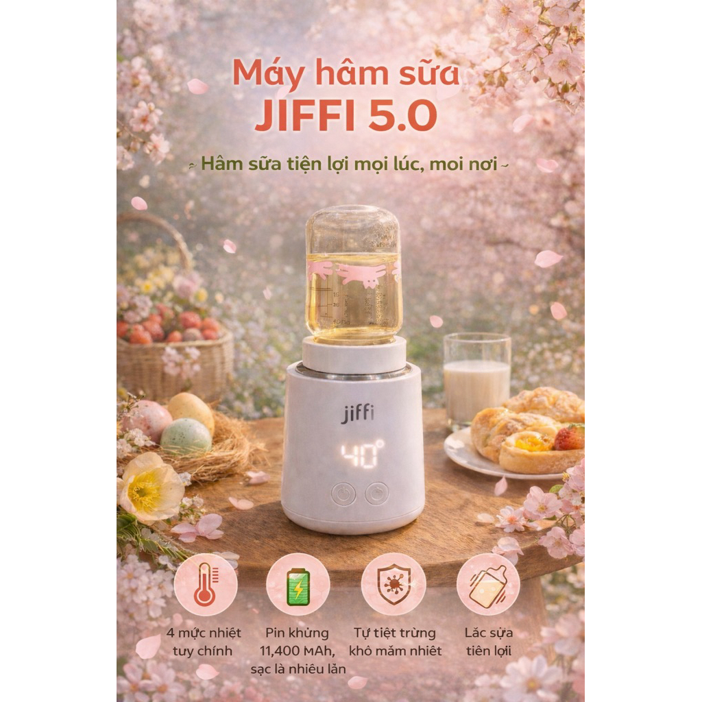 Jiffi Máy Hâm Sữa Jiffi 5.0 - Khuấy Sữa Tự Động 4 Mức Nhiệt 37-50C, Công Nghệ Khuấy Sữa, Pin 11.400m