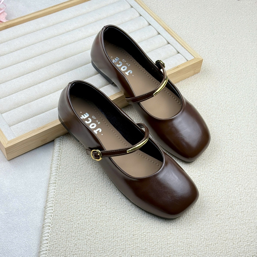 Giày búp bê da lì quai mảnh tag miếng kim loại Jocé giày nữ mềm mũi tròn hạt đậu thanh lịch cho nữ