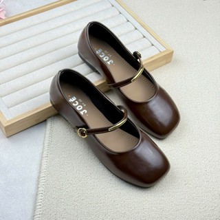 Giày búp bê da lì quai mảnh tag miếng kim loại Jocé giày nữ mềm mũi tròn hạt đậu thanh lịch cho nữ