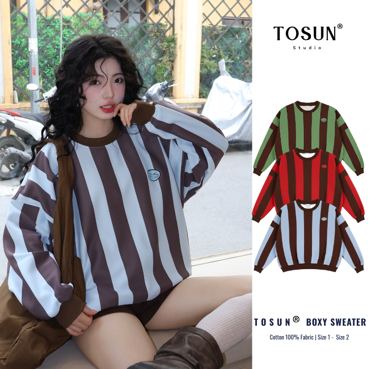 Áo Sweater Nỉ Lông Cáo Hoạ Tiết Kẻ Thêu TS Form Rộng Unisex Nam Nữ 𝐓𝐎𝐒𝐔𝐍 S49