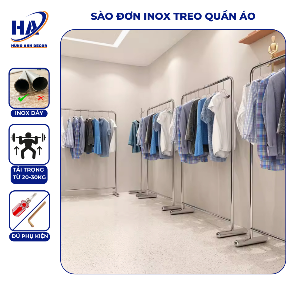 Sào treo quần áo Inox shop thời trang, sào treo quần áo livetream, kệ treo quần áo ảnh thật tại xưởn