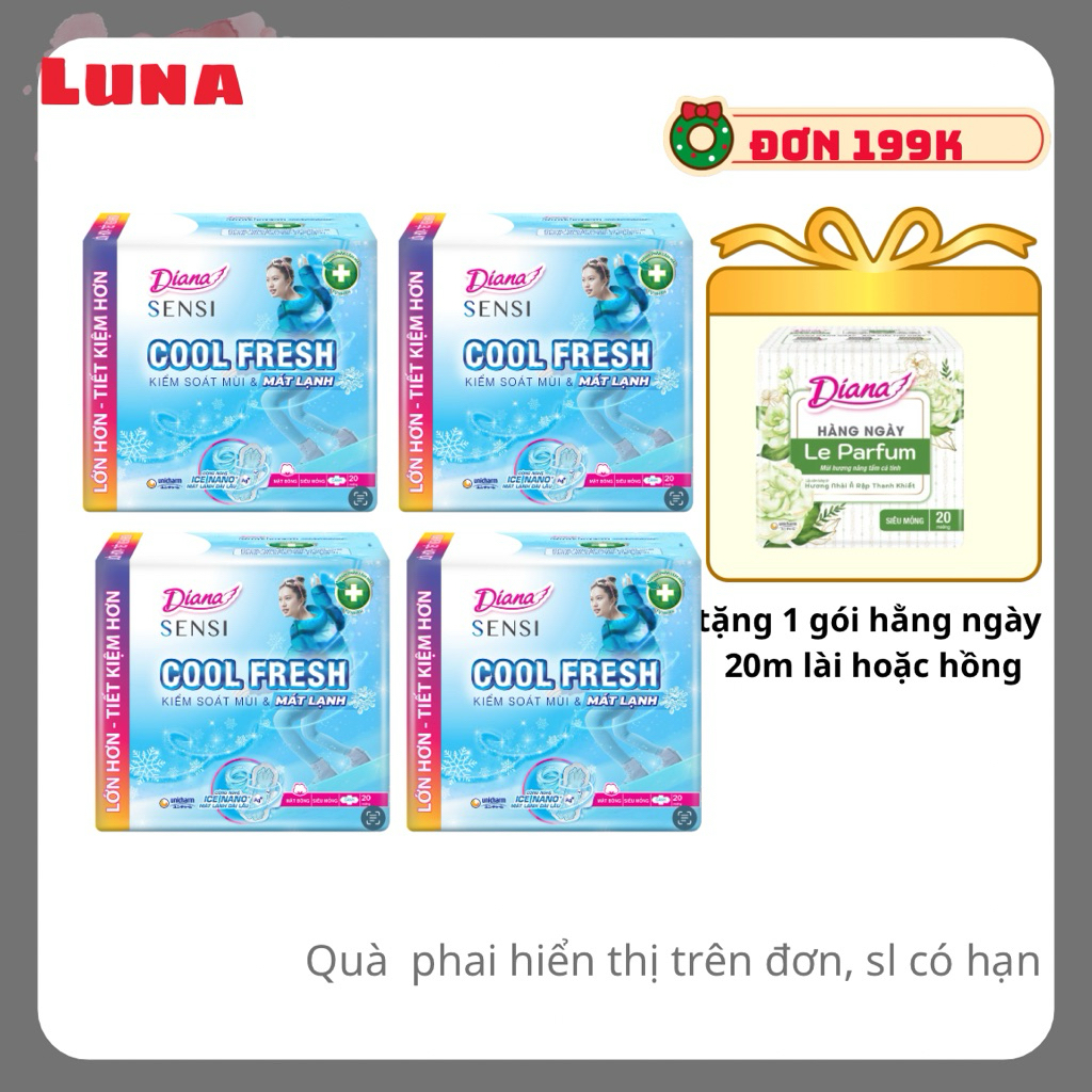 ( Lốc 4 gói) Băng vệ sinh Diana Sensi Coolfresh siêu mỏng cánh 23cm 20 Miếng