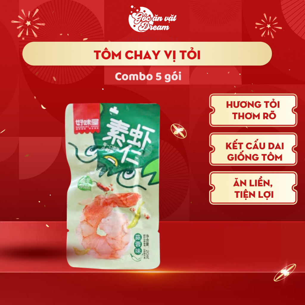 Ăn vặt Tôm Chay Vị Tỏi | Combo 5 góiTôm Chay ăn liền Giòn Dai, Đồ Ăn Vặt ngon Nội Địa Trung Quốc